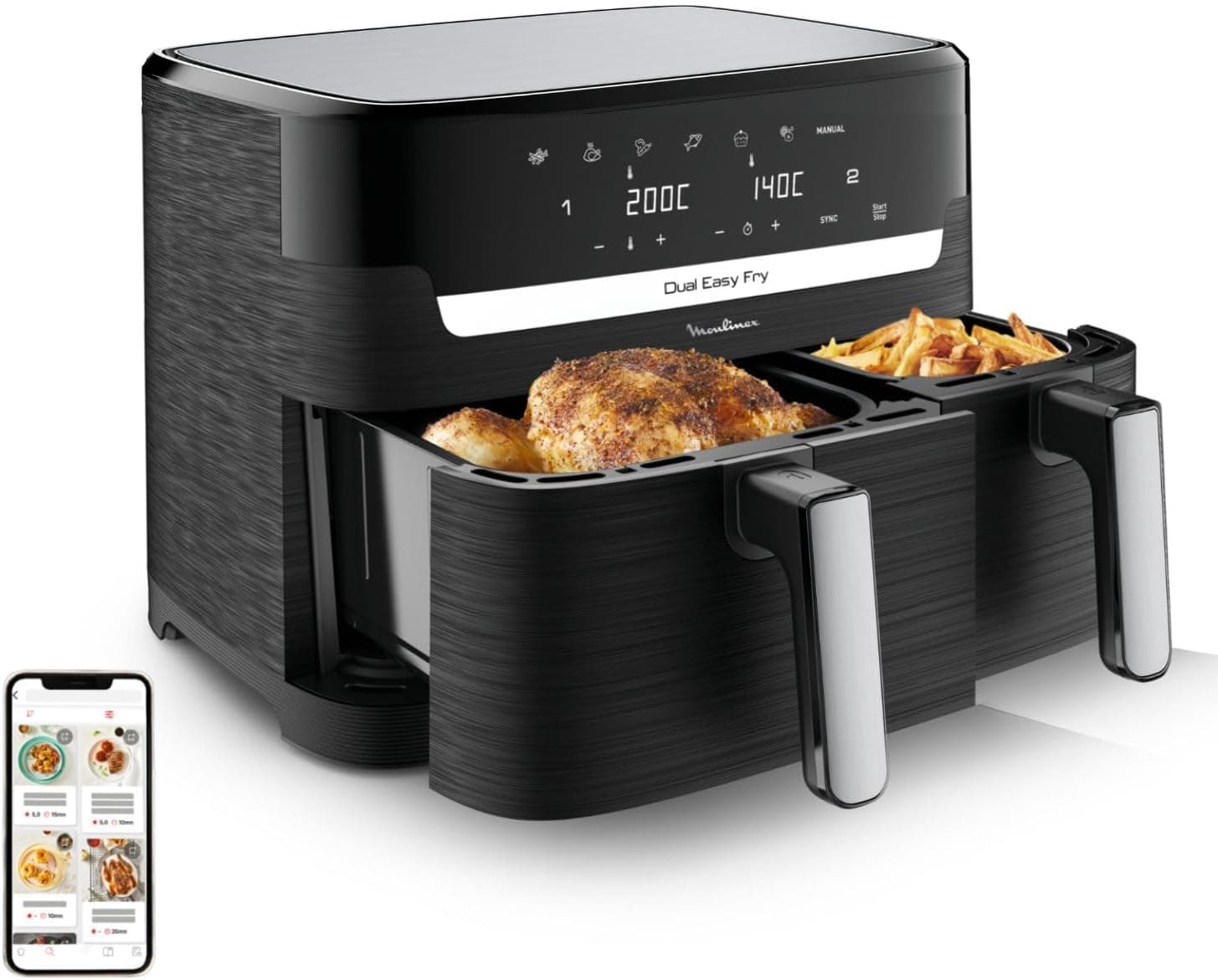 Moulinex Dual Easy Fry 8,3 l, Fritadeira de ar dupla, economia de energia até 70%, capacidade de 5,2 l e 3,1 l, 7 programas, resultados nítidos, máquina de lavar louça, leitor de receitas digitais