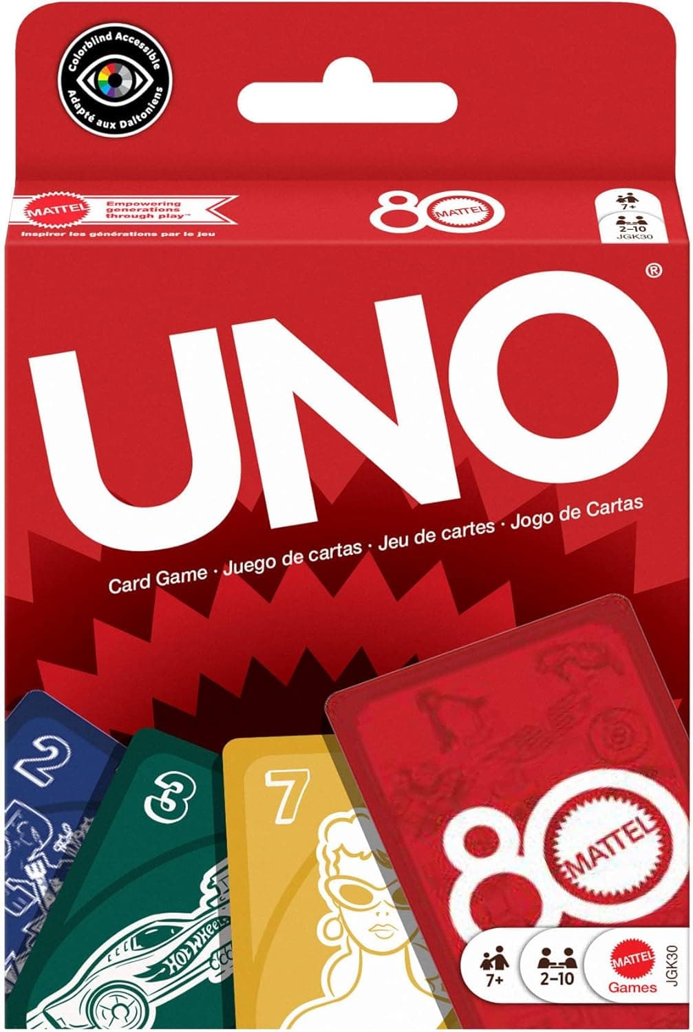 Mattel Games Um vermelho rubi Mattel 80. aniversário jogo de cartas para crianças e adultos, para noites em família, noites de jogos, viagens, acampamentos e festas, JGK30