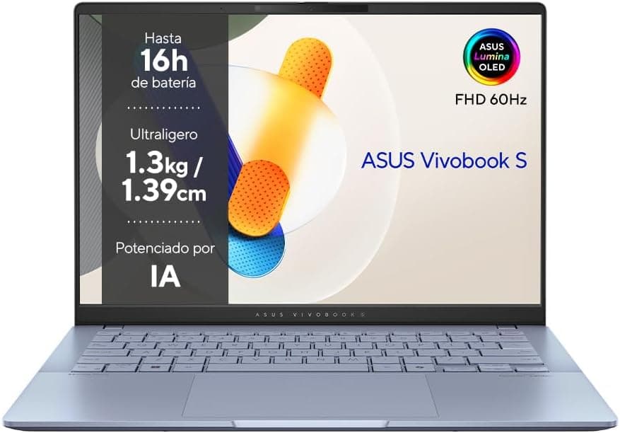 ASUS Vivobook S 14 OLED OLED S5406SA-PP223W Computador portátil de 14", WQXGA+ 120Hz (Intel Core Ultra 7 256V, 16 GB RAM, 1TB SSD, Windows 11 Home, Copilot PC) azul Névoa - T eclado QWERTY espanhol