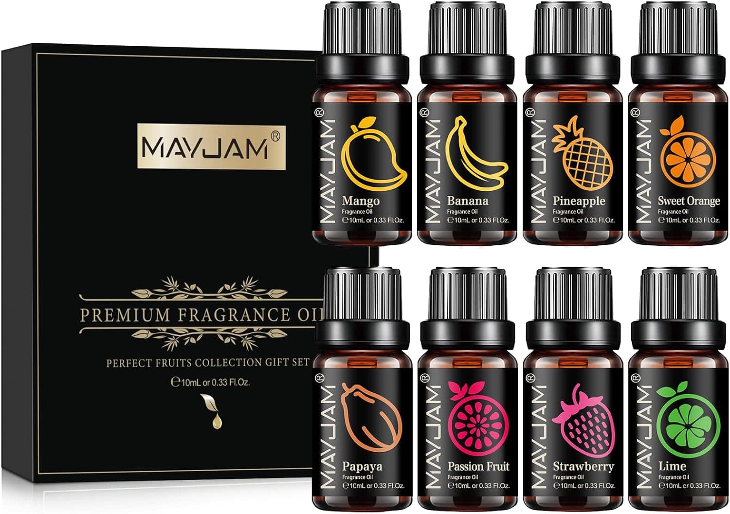 MAYJAM Conjunto de óleo perfumado de frutas 8 x 10 ml, azeritas perfumadas para óleo essencial difusor - laranja doce, morango, manga, abacaxi, papaia, lima, ratano, malacuja
