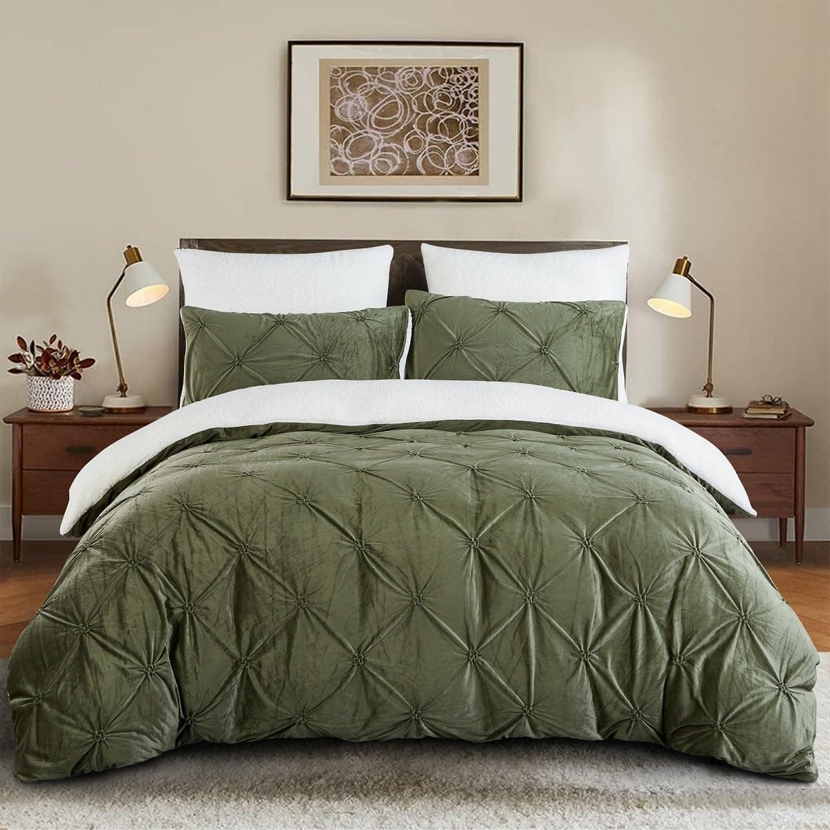 Lanqinglv - Capa nórdica de 240 x 260 cm, flanela polar Sherpa inverno quente e esponjosa, conjunto de cama de 2 pessoas, cor verde e branco, reversível, design de Pintuck, menina, adolescente, roupa