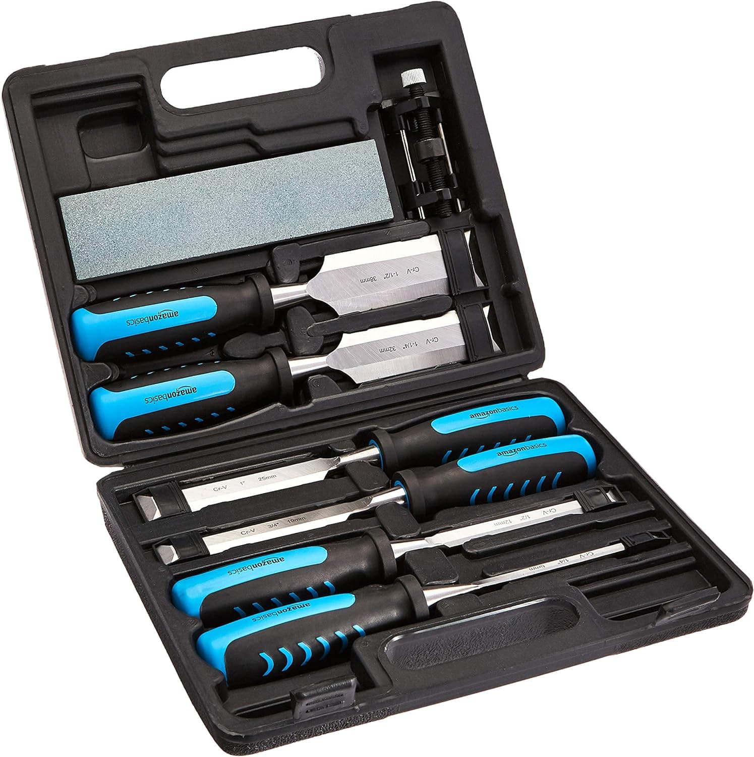 Amazon Basics Conjunto de cinzéis para madeira de 8 peças para esculpir com guia de afiação, pedra de afiar e estojo 1/4" - 1-1/2"