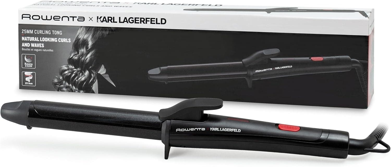 Rowenta Tenacilla Karl Lagerfeld redonda CF321L - modelador de cabelo profissional, caracóis e ondas de 25 mm, forma cónica, revestimento Keratin & Glow, controlo de temperatura até 200º