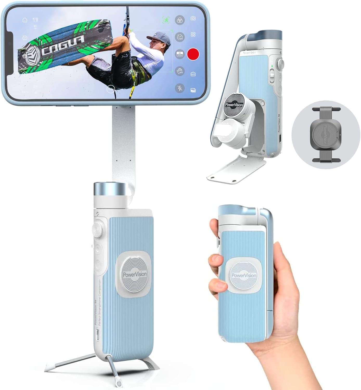 PowerVision S1, cardan para smartphone, estabilizador de telefone de 3 eixos com tripé integrado, banco de energia sem fios e rastreamento de IA de movimento e rostos, para vlogging ou TikTok 