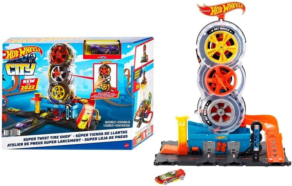 Hot Wheels City Super Twist Tire Shop - Oficina com roda gigante - Inclui carro - compatível com conjuntos Hot Wheels - presente para crianças de 4 a 8 anos, HDP02