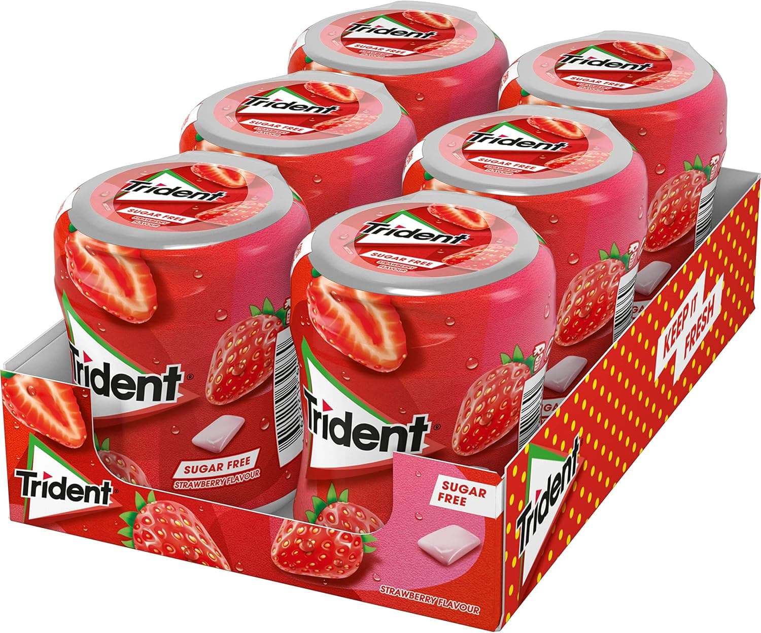 Trident Fresh Bottle morango, Pastilhas sem açúcar com sabor de morango, 6 frascos de 82,6 g