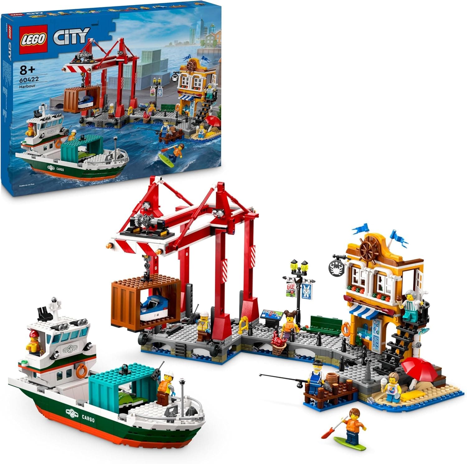 LEGO City porto marítimo com navio de mercadorias, barco de brinquedo de construção, presente para meninos e meninas de 8 anos ou mais, grua de recipientes, minifiguras, cana de pesca e walkie talkie