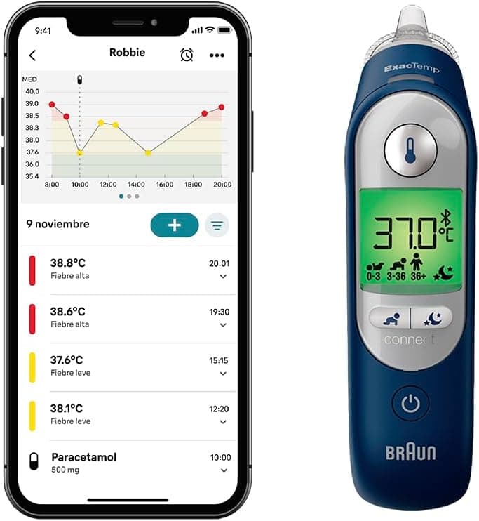 Braun ThermoScan 7+ connect Termómetro de ouvido | compatível com a aplicação Braun Family Care™ | Tecnologia Age Precision® | Ecrã digital codificado por cores
