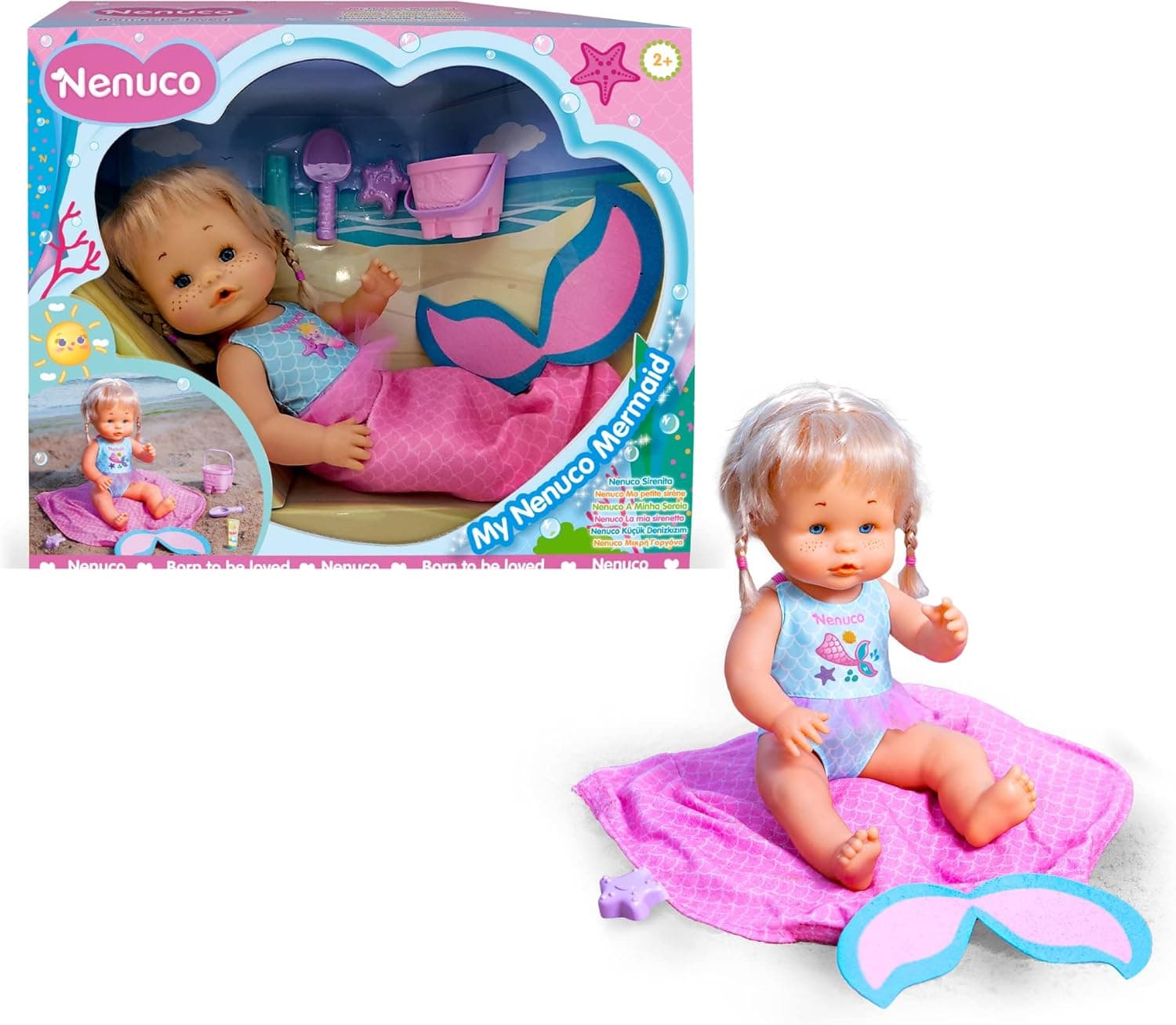 Nenuco - Pequena sereia, boneca bebé com de sereia de tecido para remover e colocar, brinquedo divertido com acessórios, resistente à água, para meninos e meninas desde 2 anos, famosa (NFN22000)