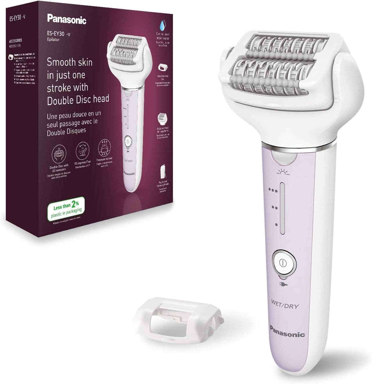 Panasonic ES-EY30-V503 Molhado e seco depiladora, disco duplo com 60 pinças, flexível de cabeça de 90º, ajuste de 3 velocidades, 30 minutos de operação tempo, sem cabo, removedor de cabelo