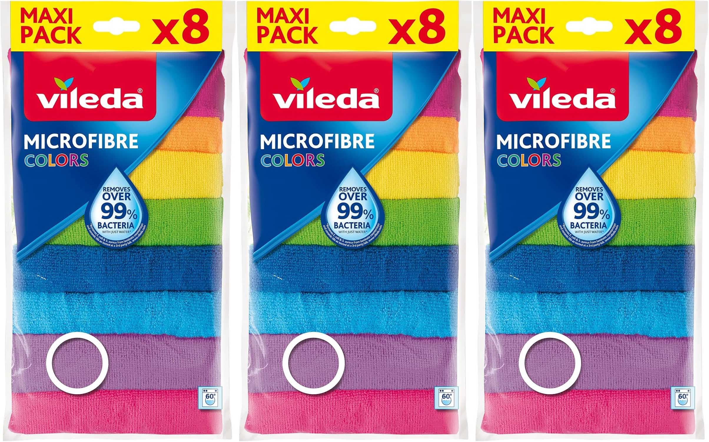 Vileda - Conjunto de 8 panos de microfibra cores, cores variadas, 30 x 30 cm, 8 unidades (24 total)