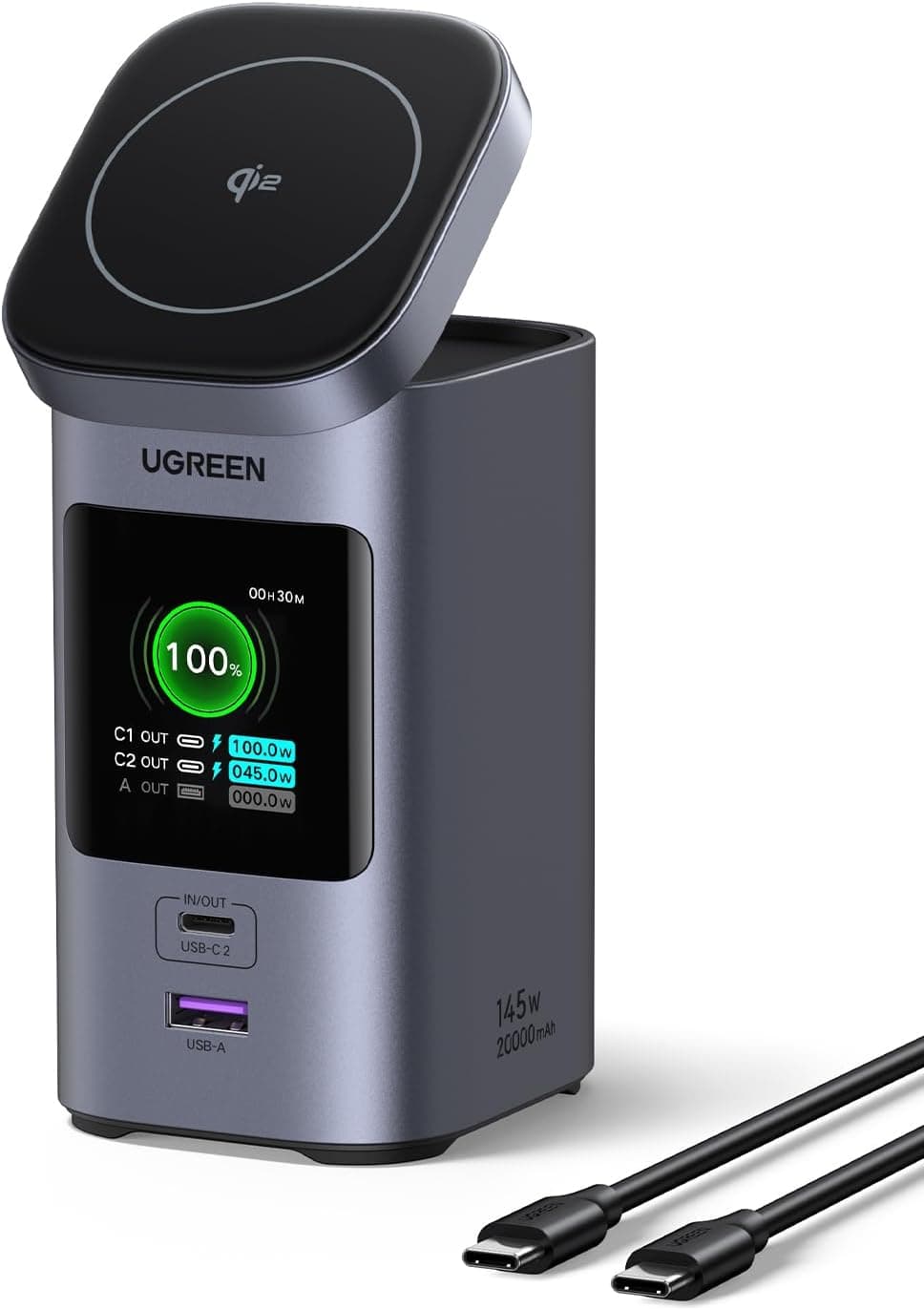 UGREEN Nexode Power Bank 20000 mAh 145W, bateria externa carregamento sem fios Qi2 15W com 2 USB C 1 tipo A, carregador portátil compatível com iPhone 16/15/14/13/12 Plus Pro MacBook, Galaxy S24