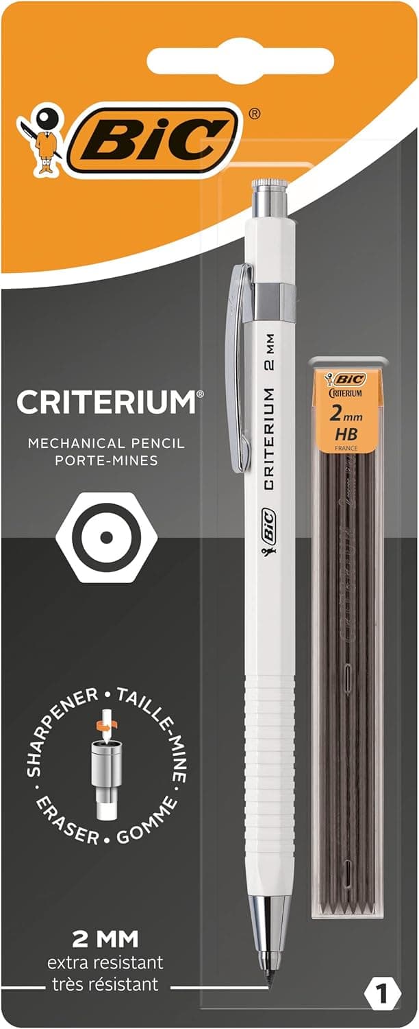 BIC Criterium Suporte de 2,00 mm, corpo branco ou preto, bolha de 1 + 6 minas, perfeito para desenho técnico