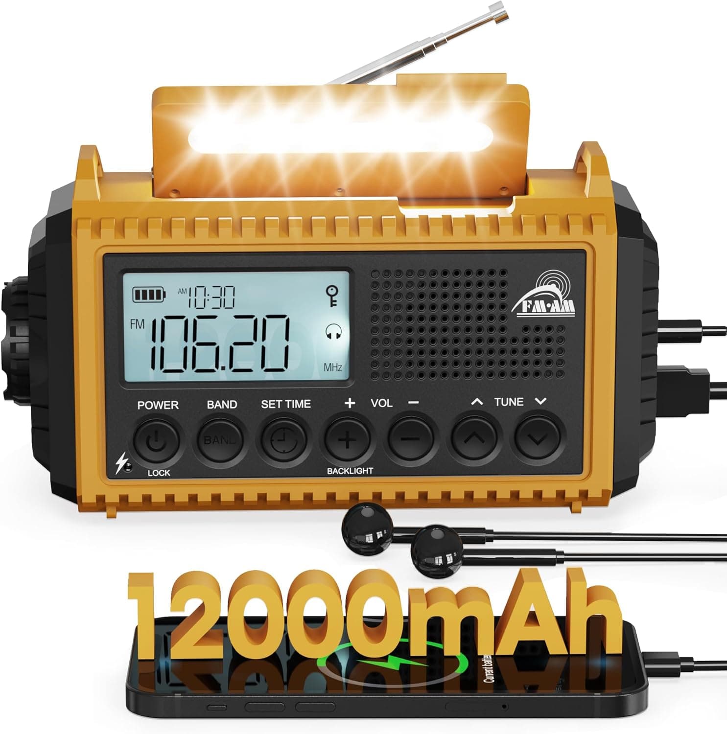 Roxicosly Rádio de manivela, rádio de emergência com banco de energia de 12000 mAh, rádio AM/FM/SW, manivela e rádio solar de 5 vias com recetor mundial, como lanterna e carregador, para exteriores
