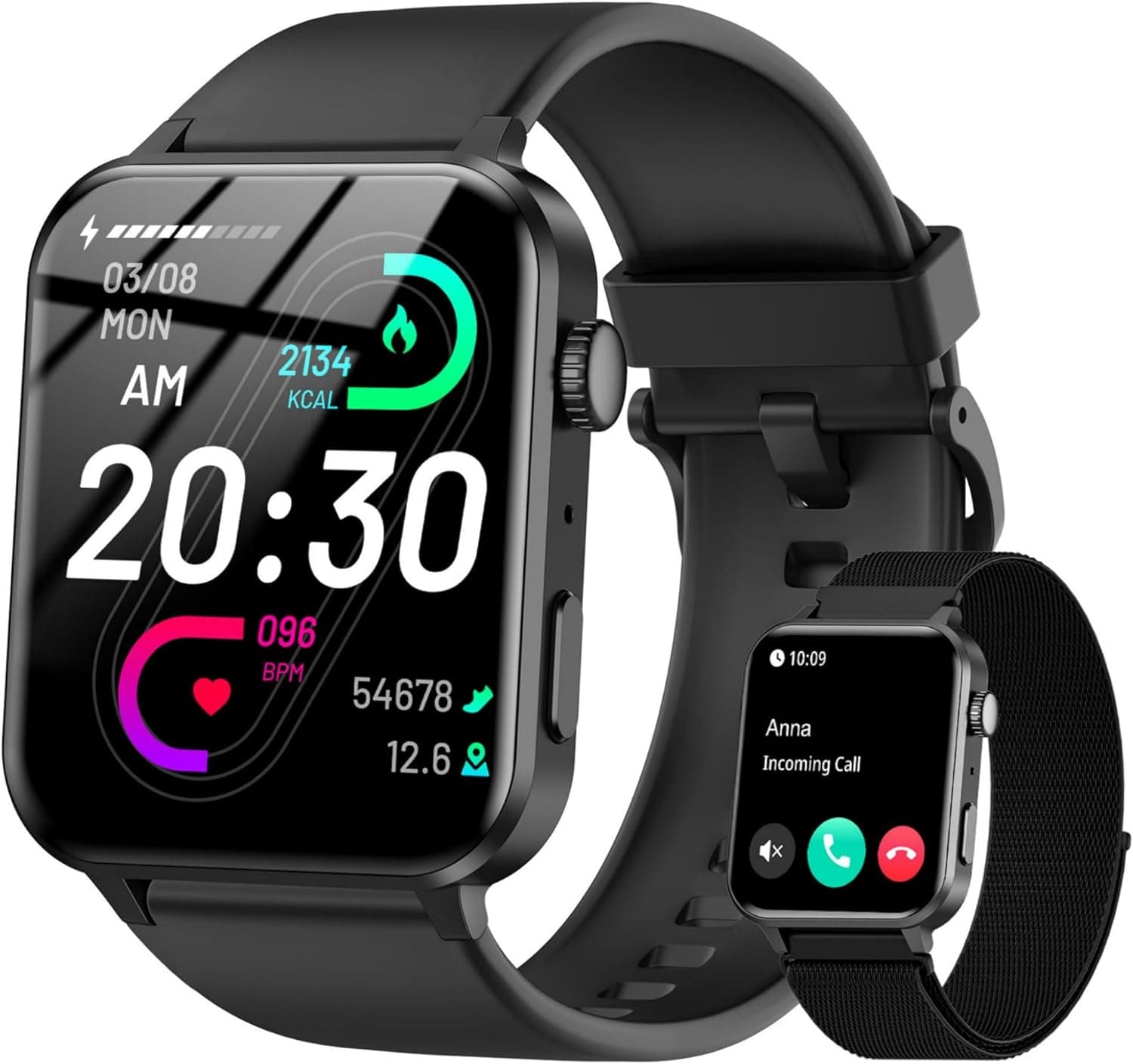 IOWODO Relógio inteligente homem e mulher, Smartwatch com 2 correias, 1,85" relógio desportivo com função de chamadas e WhatsApp mensagens Bluetooth, 100 modos de desporto para iOS Android telefone