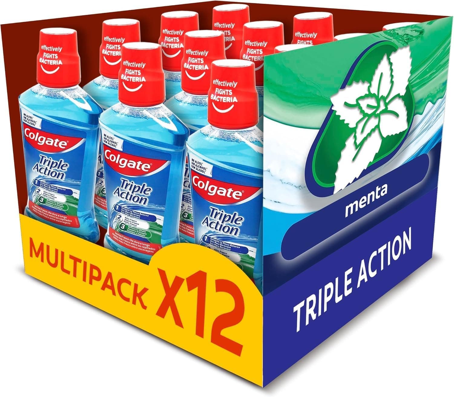 Colgate Enxaguar bucal tripla ação com benefício tripla, pack de 12 unidades x 500 ml| Elimina a placa bacteriana e ajuda a combater o mau hálito, fortalece o esmalte, 0% álcool, contém flúor