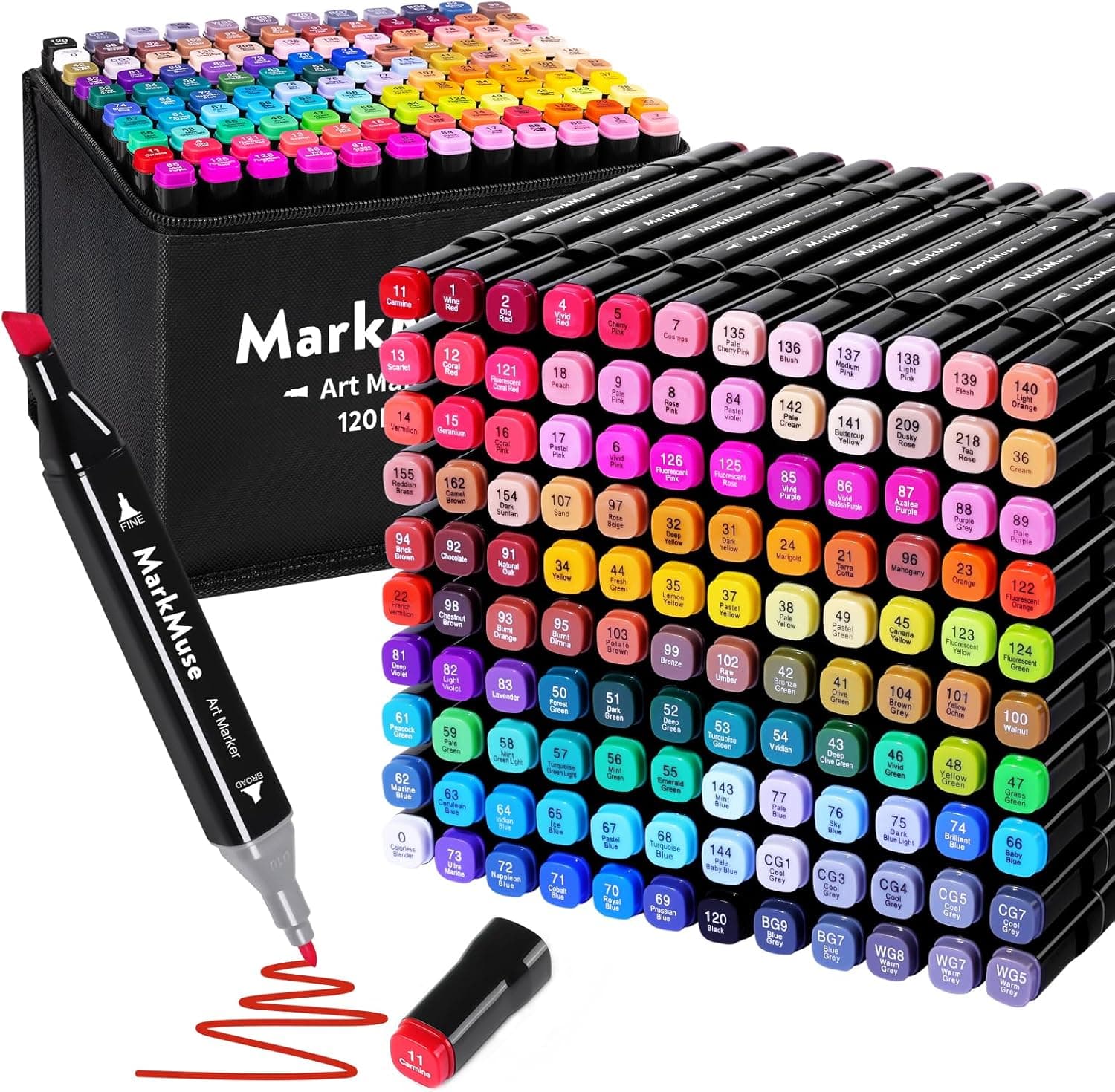MarkMuse Marcador de 120 cores, marcador de ponta dupla 2S secagem rápida, marcadores de álcool permanente com saco de armazenamento e espaçador para esboços, banda desenhada colorida, ilustrar