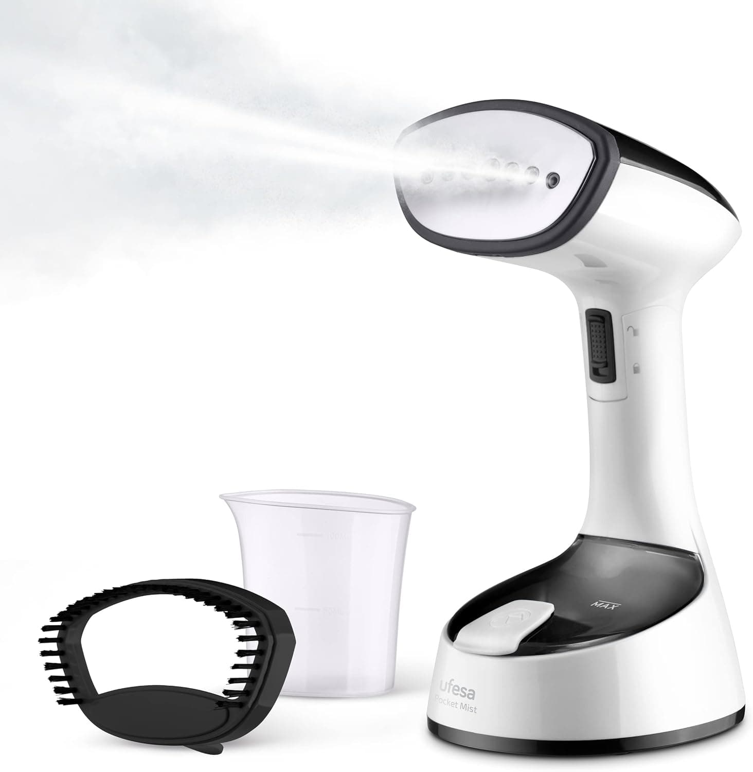 Ufesa Black Mist Ferro vertical a vapor dobrável, viagem, 1470 W, elimina rugas, odores e desidratação, com escova para tecidos grossos, pronta em 25 segundos, depósito de 150 ml