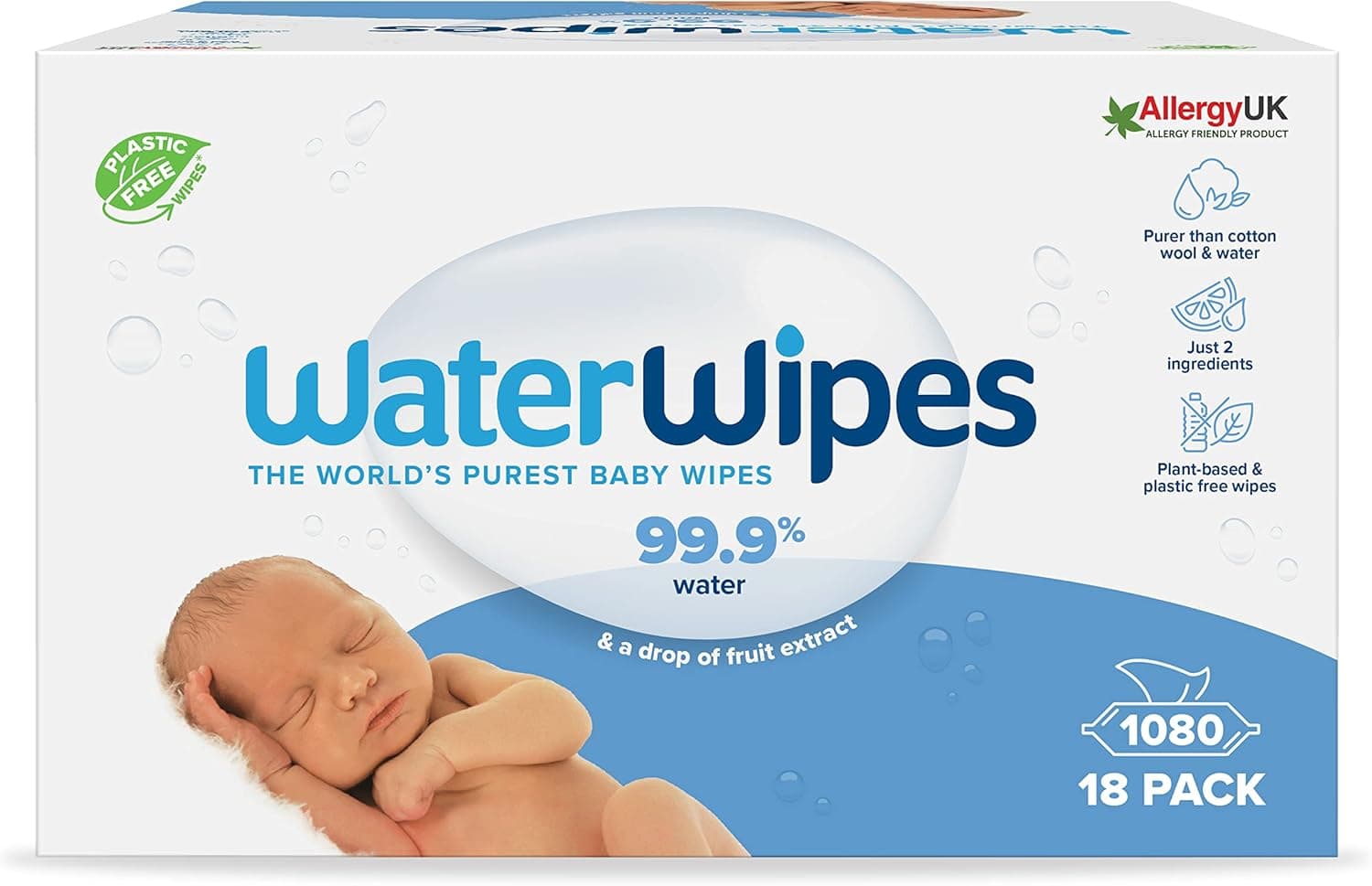 WaterWipes Original Baby Wipes, 1080 unidades (embalagem de 18), 99,9% à base de água, sem perfume, para peles sensíveis, a embalagem pode variar