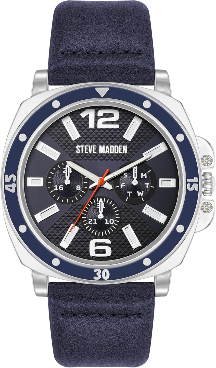 Steve Madden | Relógio para homem com bracelete prateada e mostrador azul-marinho