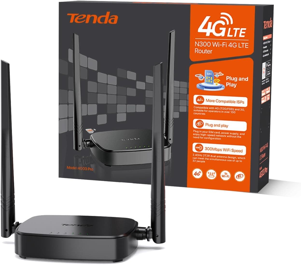 Tenda 4G03 Pro - Router 4G SIM, 4G LTE Router(Cat 4), 2,4 GHz Wi-Fi 300 Mbps, carregamento com Power Bank, 2 x antena externa de 4 dBi, Ethernet LAN/WAN porta, FDD e TDD, Plug & Play