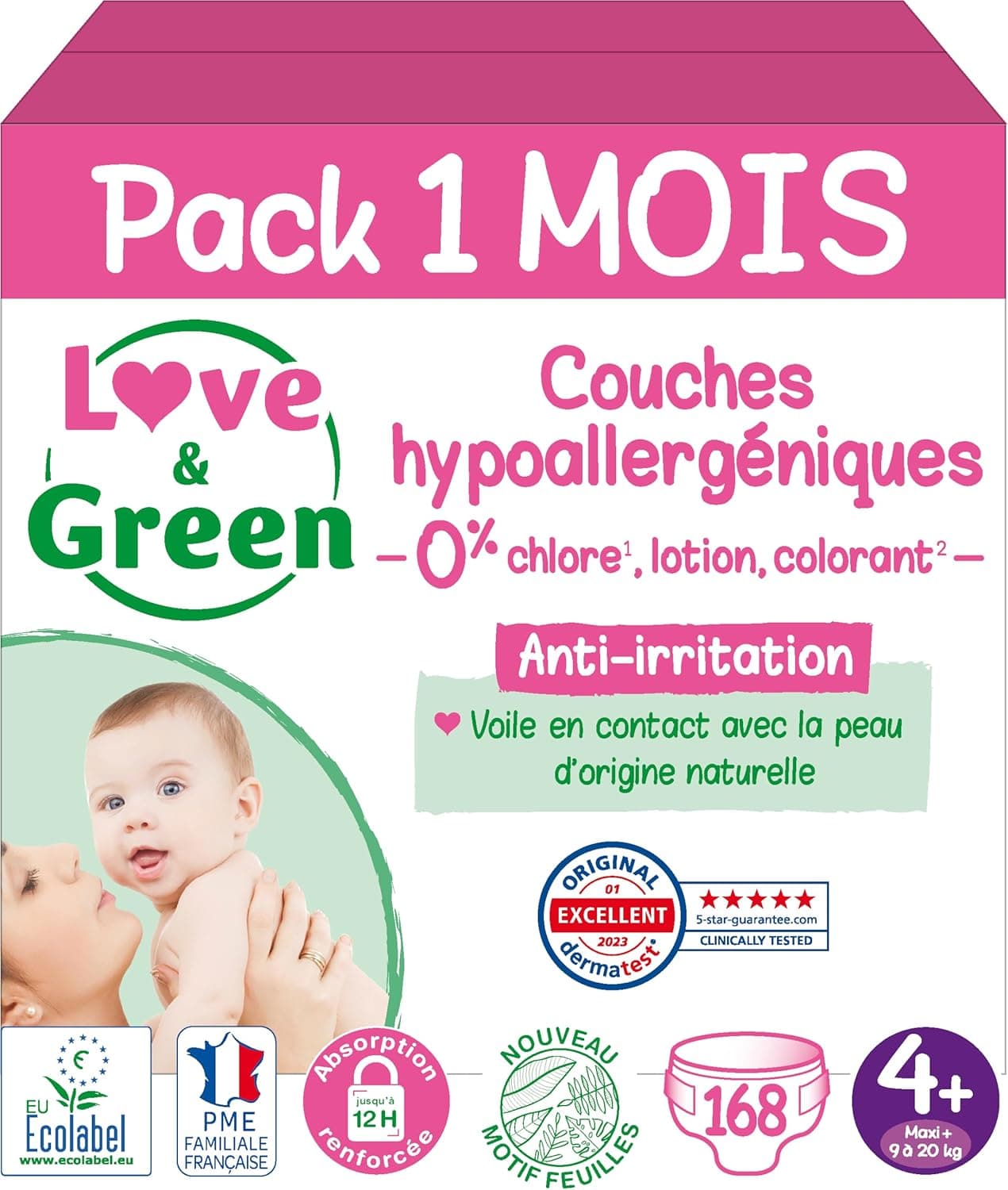 Love & Green - Fraldas saudáveis e ecológicas para bebés - tamanho 4 (9-20 kg) - pacote de 1 mês (168 fraldas) - absorventes, anti-fugas e sem ingredientes indesejáveis