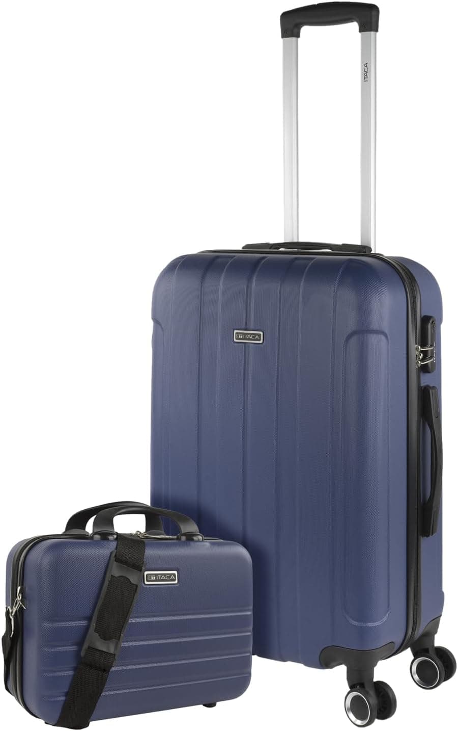 ITACA - Malas de viagem rígidas ABS - mala de viagem cabine, mala média e mala grande - pega telescópica, 4 rodas giratórias e cadeado de combinação, Azul e rosa:, Conjunto de malas