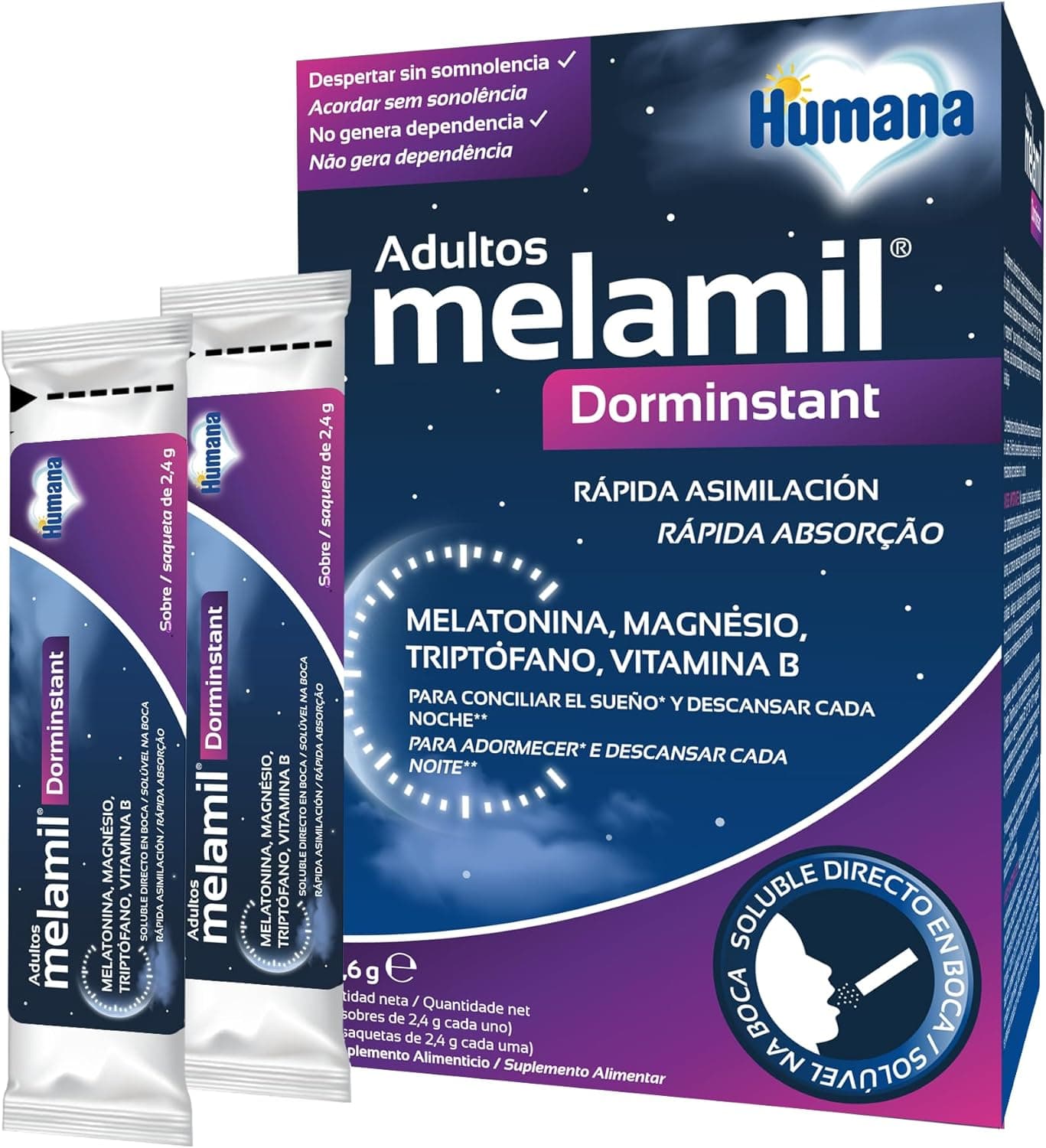 Melamil Dorminstant para adolescentes e adultos, melatonina 99% pura, triptófano e magnésio, para adormecer e descansar, 24 saquetas