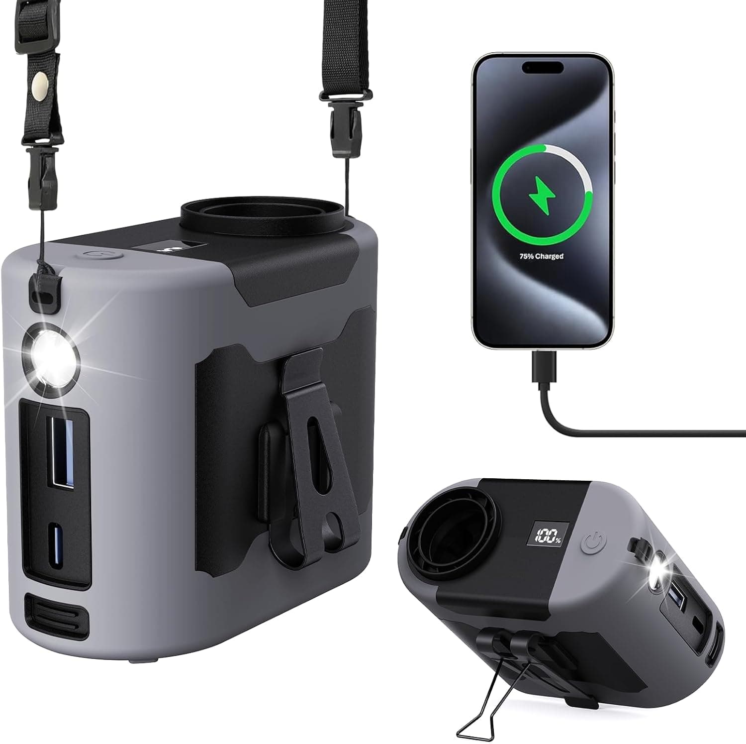 ‎Gkstly | Ventilador portátil de cintura com clip recarregável 10000 mAh, 5 velocidades, lanterna
