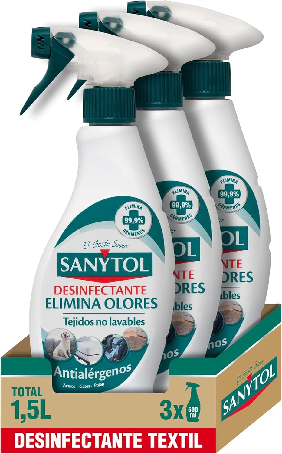 Sanytol Spray elimina odores desinfetante para têxteis, elimina odores persistentes e neutraliza alérgenos, sem lixívia, embalagem de 3 x 500 ml = 1,5 l