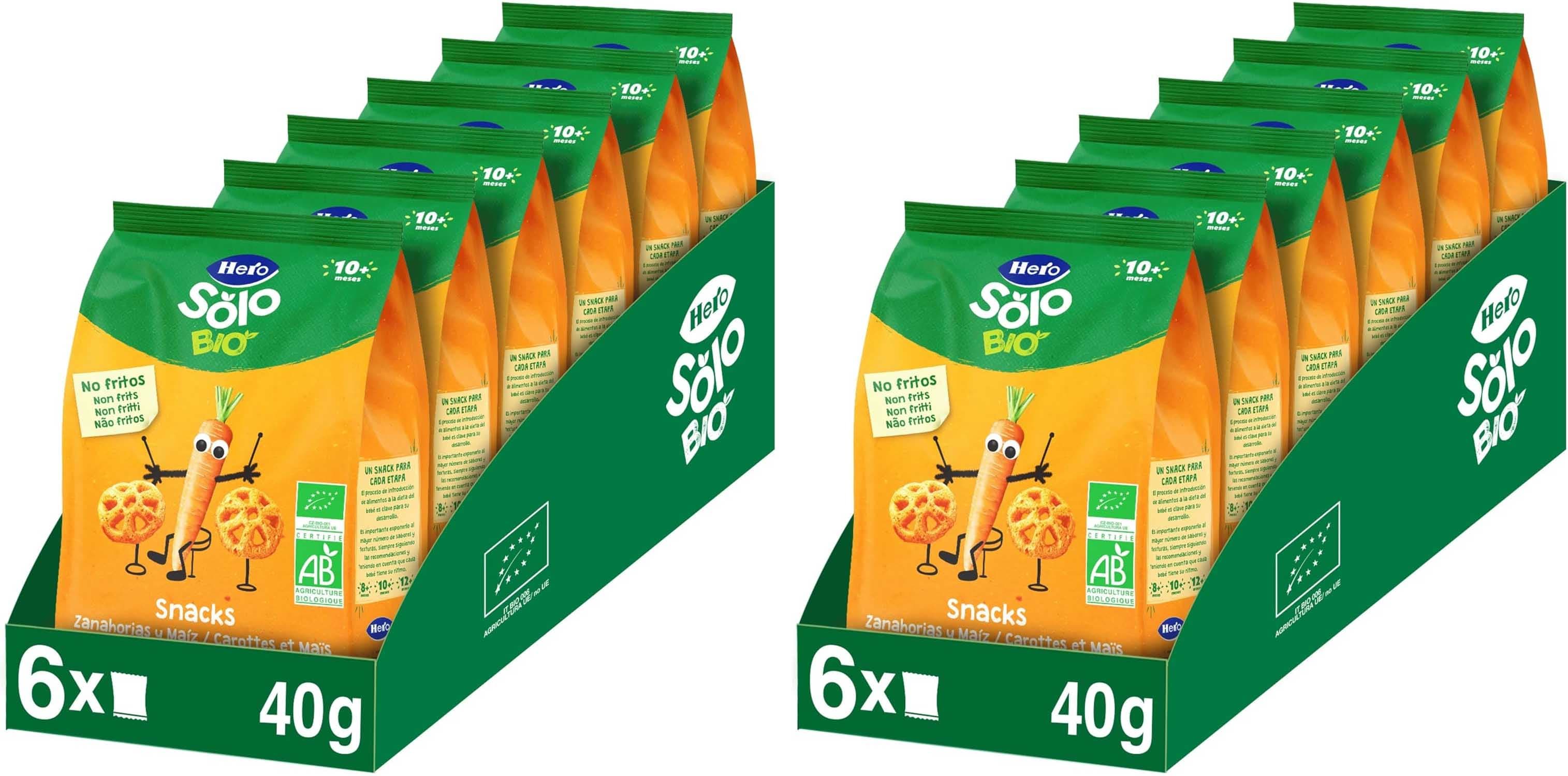 Hero Solo - Snack de cenoura e milho, cereais 100% ecológicos, BIO, com ingredientes de agricultura ecológica e UE, não fritos, adequado para bebés a partir de 10 meses - embalagem de 6 x 40 g