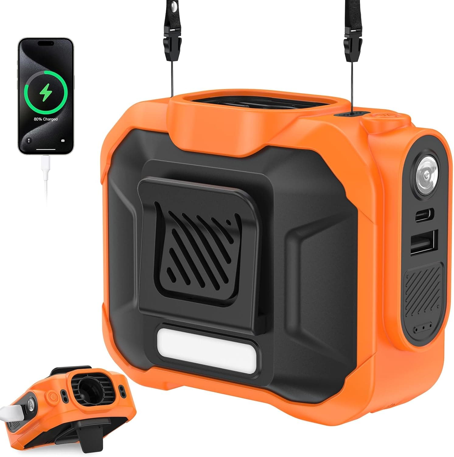 Ventoinha de cintura, 10.000 mAh potente ventilador de cintura, 15.500 rpm, 3 velocidades, ventilador portátil com lanterna para trabalho, caminhadas, exteriores e funciona como Power Bank