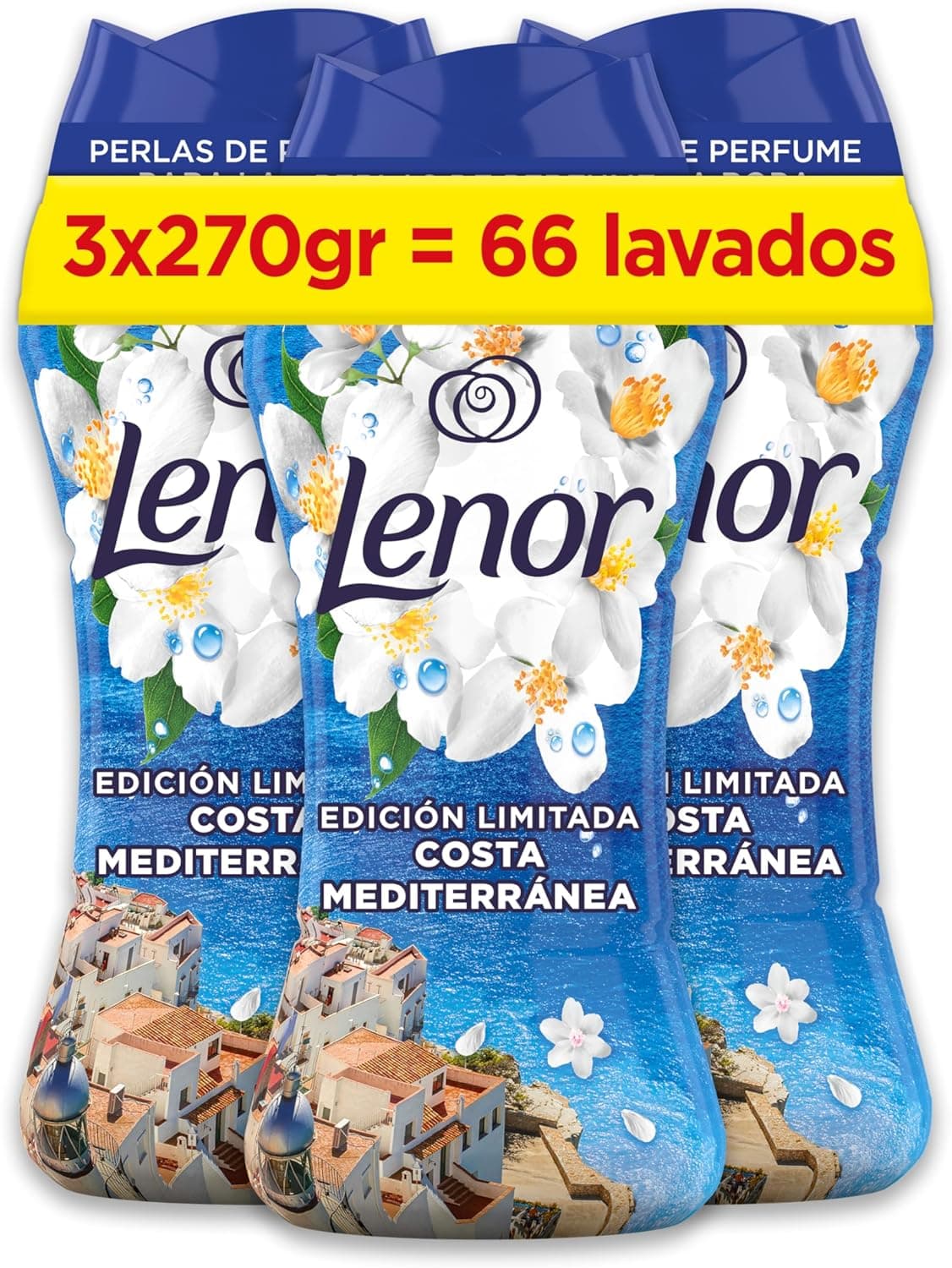 Lenor Pérolas de perfume para roupas, 66 lavagens (3 x 270 g), Brisa marinha e jasmim, edição limitada costa mediterrânea, Frescor ininterrupta até 12 semanas