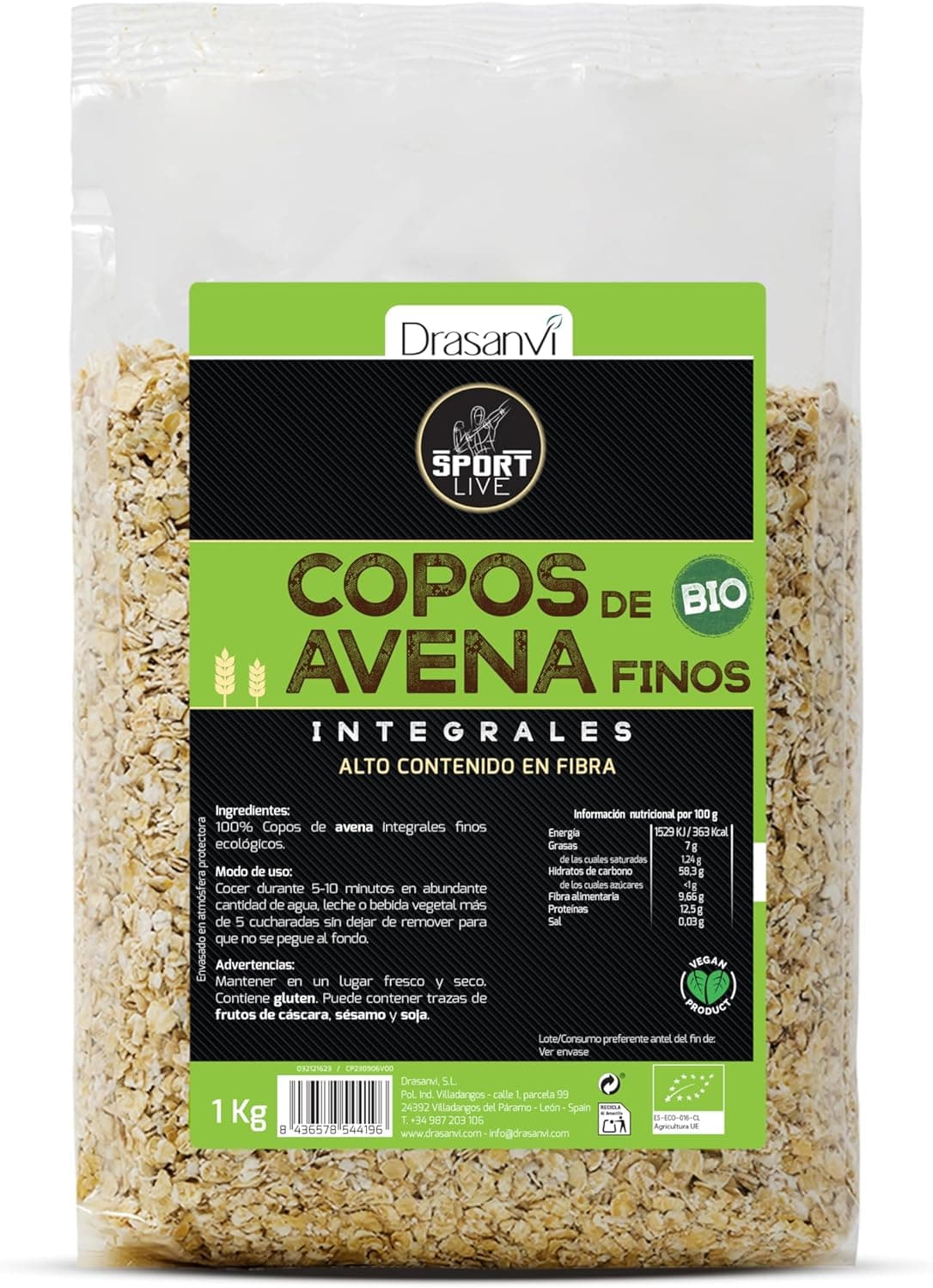 SPORT LIVE Flocos de Aveia Integrais | Aveia biológica rica em fibra, proteína e vitaminas, 1 kg