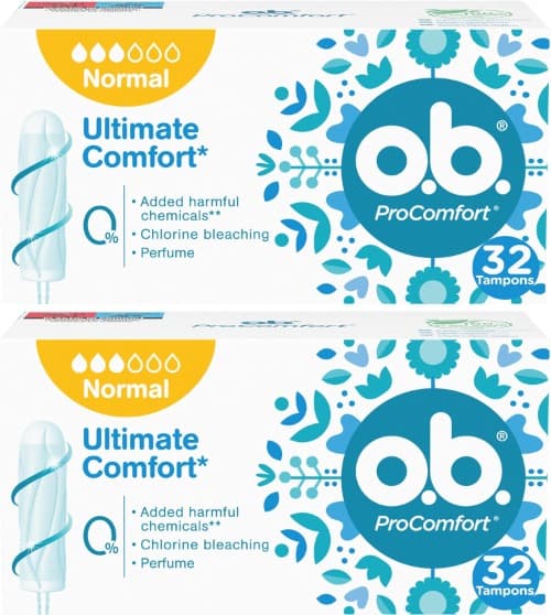 Tampões OB ProComfort normal, tampões de absorção normal sem produtos químicos nocivos, branqueamento com cloro ou fragrância, tampões sem aplicador, 32 unidades