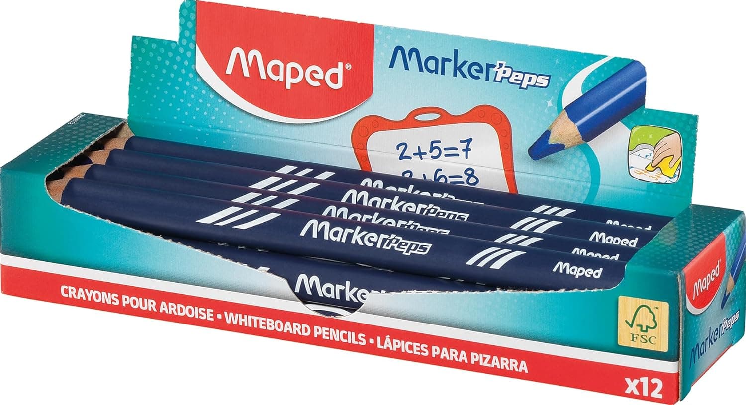 Maped Marker'Peps, conjunto de 12 lápis para quadro branco, escrita suave e fácil de limpar, lápis infantis para crianças e professores, design ergonómico para melhor aderência e controlo