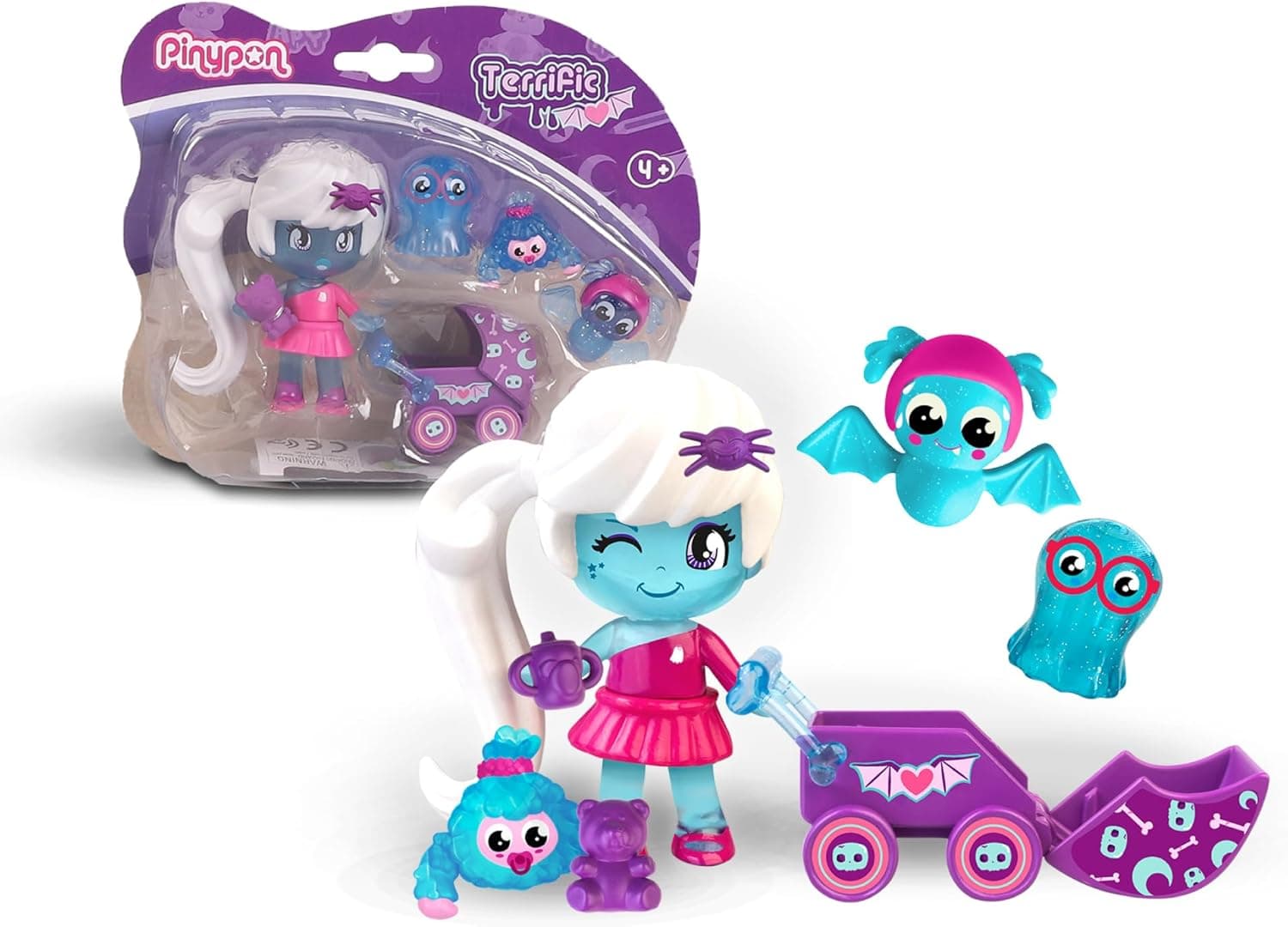 Pinypon - Terrific My Monsters & Me, pack figura fantasma com os seus 3 animais de estimação e carrinho de passeio, boneco com decorações que brilham no escuro, para crianças e crianças + 4 anos