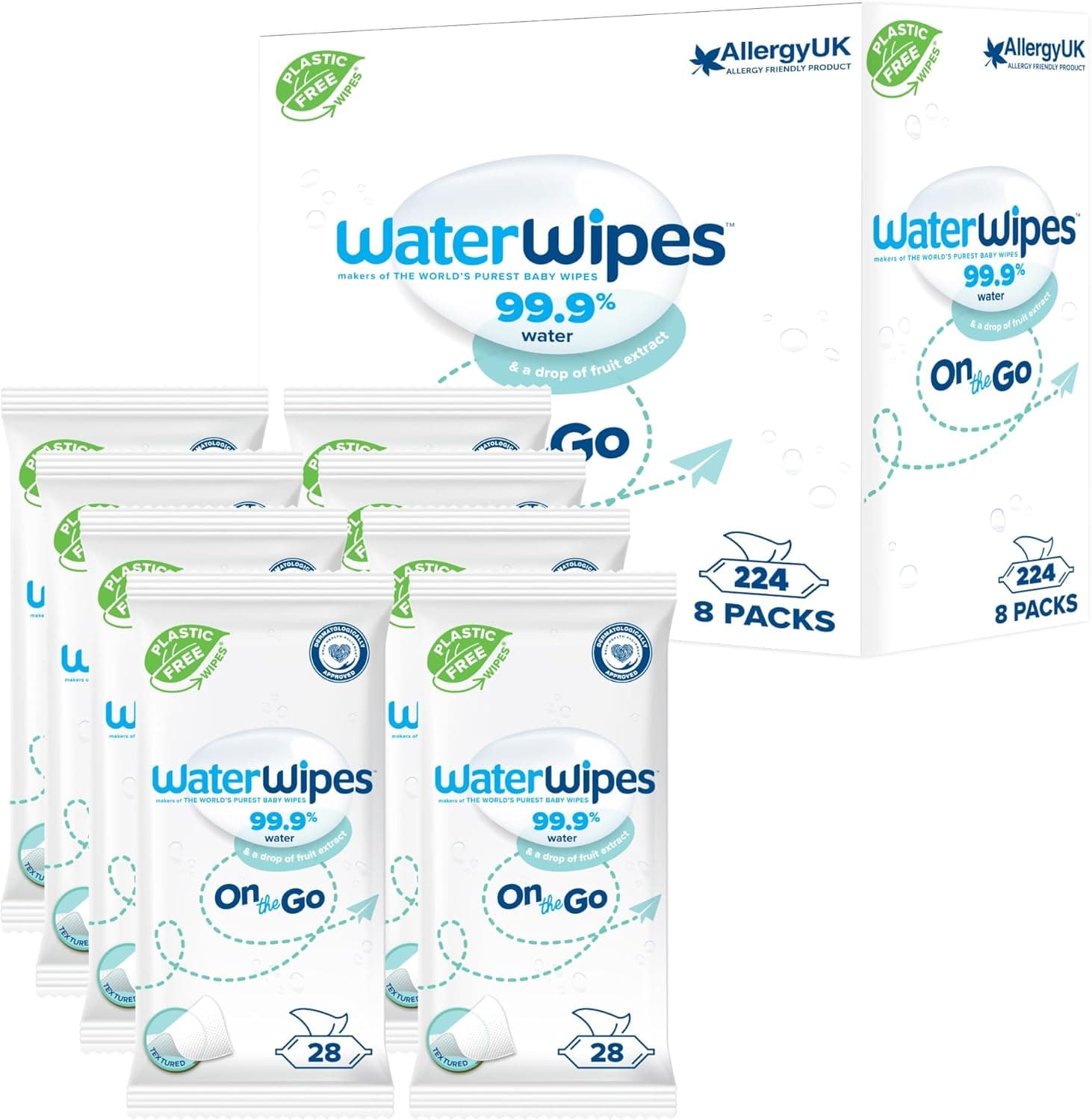 WaterWipes Toalhetes húmidos de viagem, 224 toalhetes (8 pacotes), toalhetes húmidos com base de 99,9% de água, ideais para viagens, projetadas para rosto e corpo