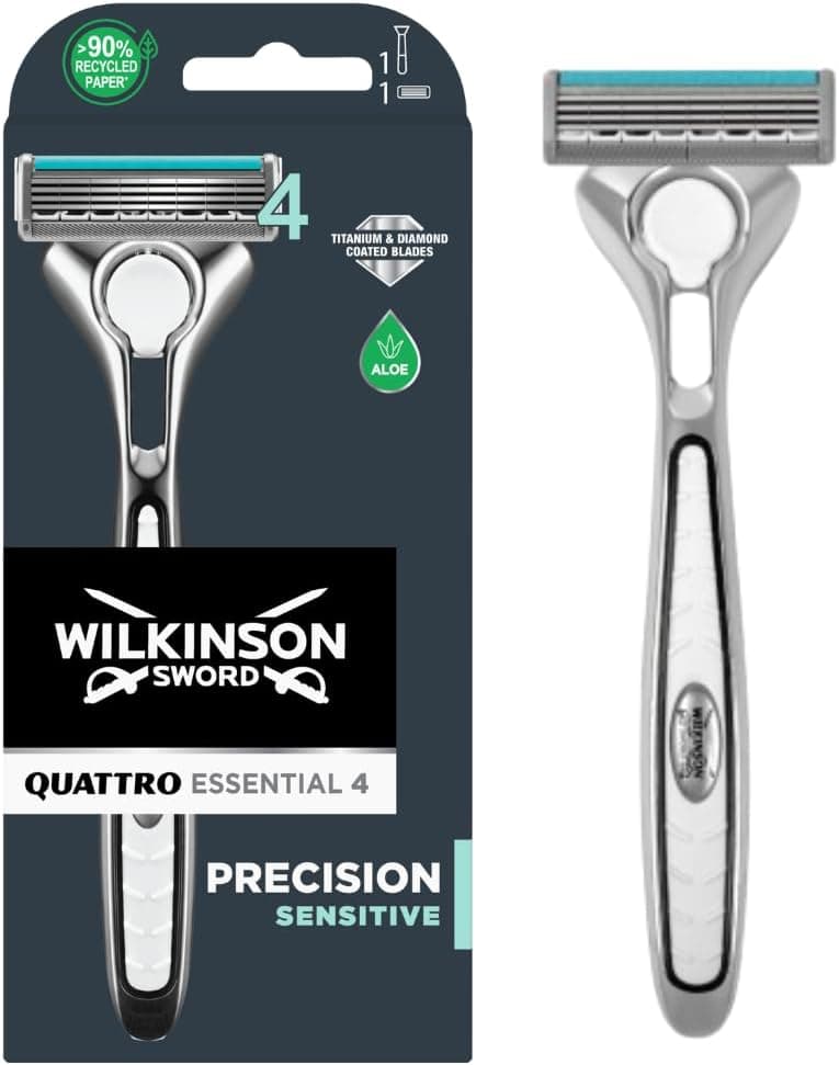 Wilkinson Sword Quattro Titanium Precision Sensitive Lâmina de barbear com folhas de titânio para homem, lâminas de barbear de 4 folhas com aloé vera hidratante, protege contra irritações