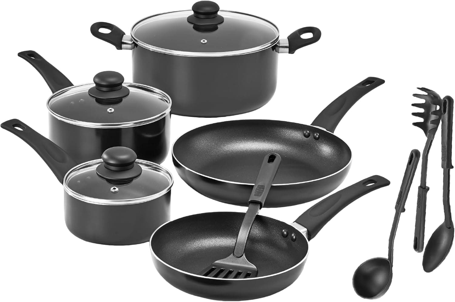 bella Conjunto de utensílios de cozinha, 12 panelas e frigideiras com utensílios, antiaderente sem PFOA, superfície de cozedura resistente a riscos, compatível com todos os fogões, nylon e alumínio