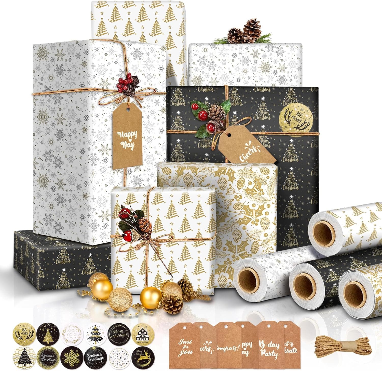 Conjunto de papel de embrulho, corda, etiquetas e autocolantes de Natal, 4 rolos de 43 cm × 3 m