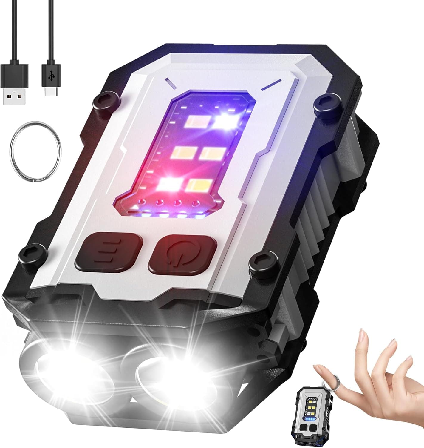 NGOKPYD N10 Mini lanterna EDC recarregável de 900 lúmenes, fonte de luz multicor luzes de alarme, porta-chaves pequena lanterna de bolso com base magnética