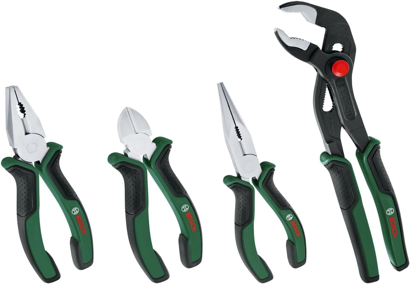 Bosch Conjunto de 4 alicates (alicates de corte lateral, universais, de ponta longa e de de papagaio precisos e de grande duração; punho macio anti-vibração e ergonómico; superfície niquelada)