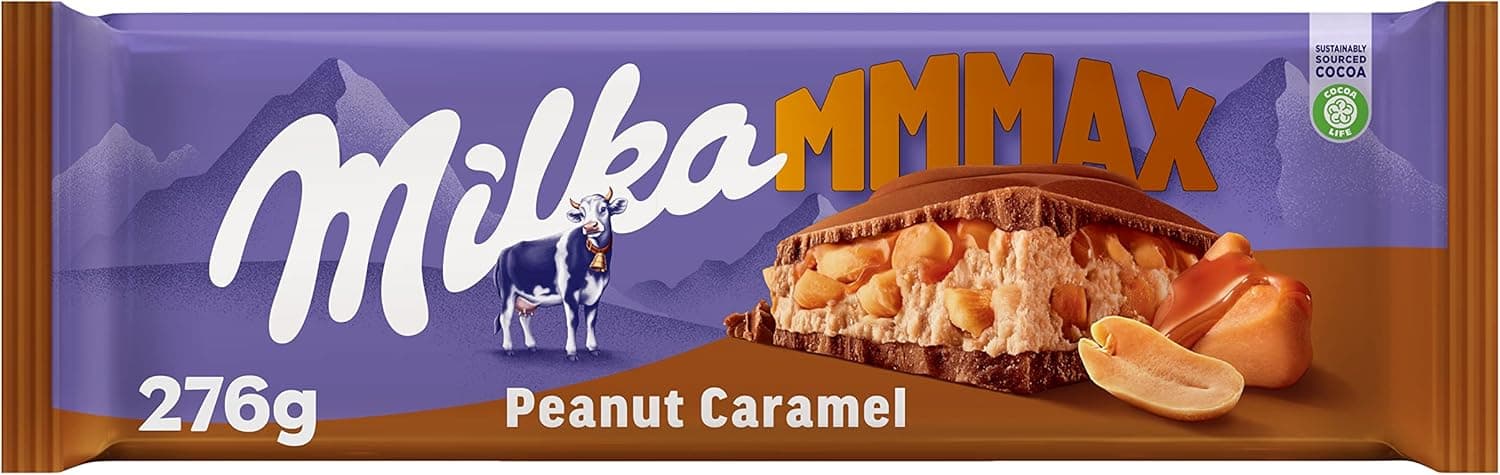 Milka MMMAX Comprimido grande de chocolate com leite dos Alpes com pedaços de amendoim e enchimento de amendoim e caramelo 276 g