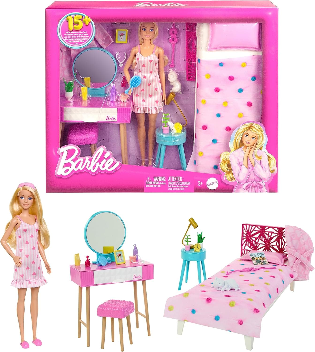 Barbie - Quarto e boneca quarto com mais de 15 acessórios, inclui cama, toucador, roupão de banho e gatinho, brinquedo + 3 anos (Mattel HPT55)
