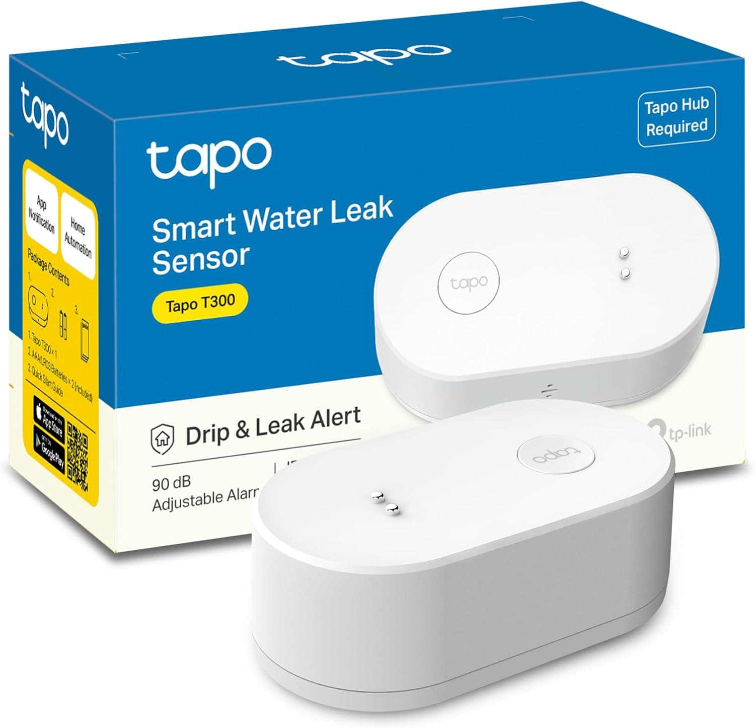 TP-Link TAPO T300 - sensor inteligente de fugas de água, classificação de impermeável IP66, alarme de gotejamento e fugas de 90 Db, compatível com Hub, dupla indução