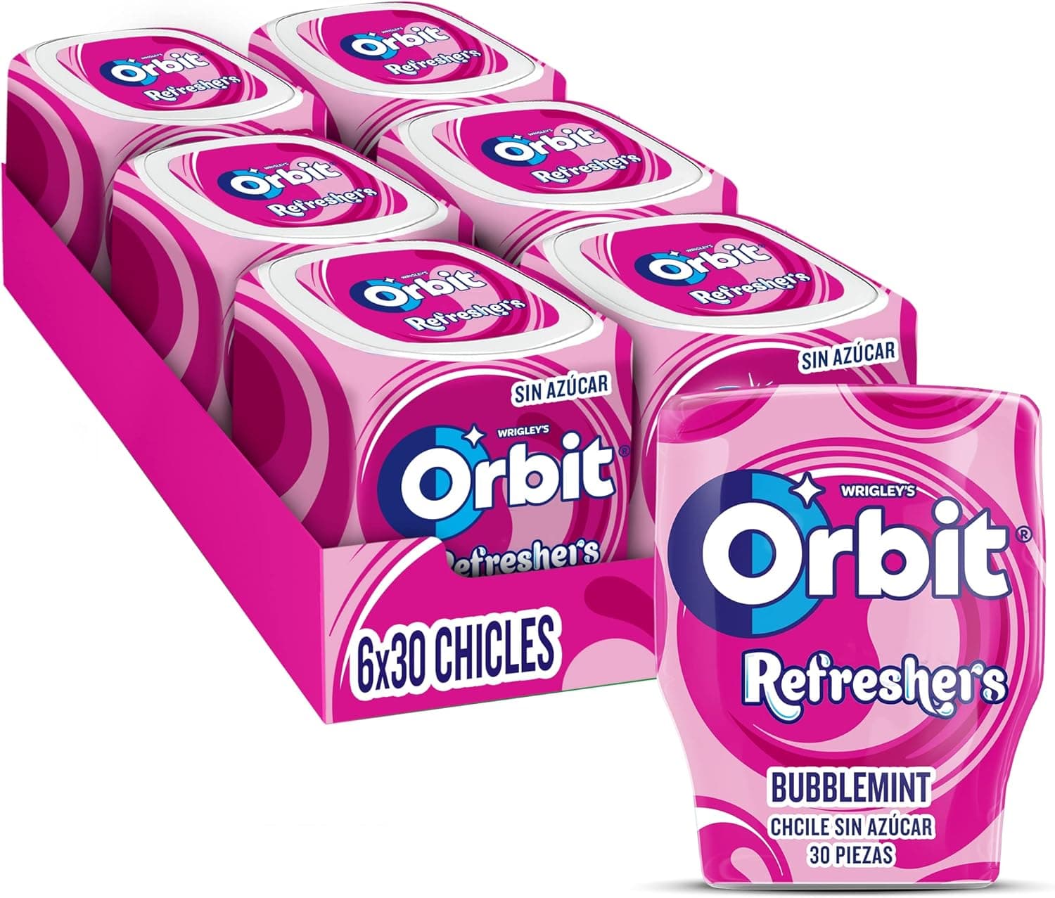 Orbit Refreshers, frasco de pastilhas sem açúcar sabor Bubblemint que proporciona frescura imediata em formato drageia (6 x 30 pastilhas)
