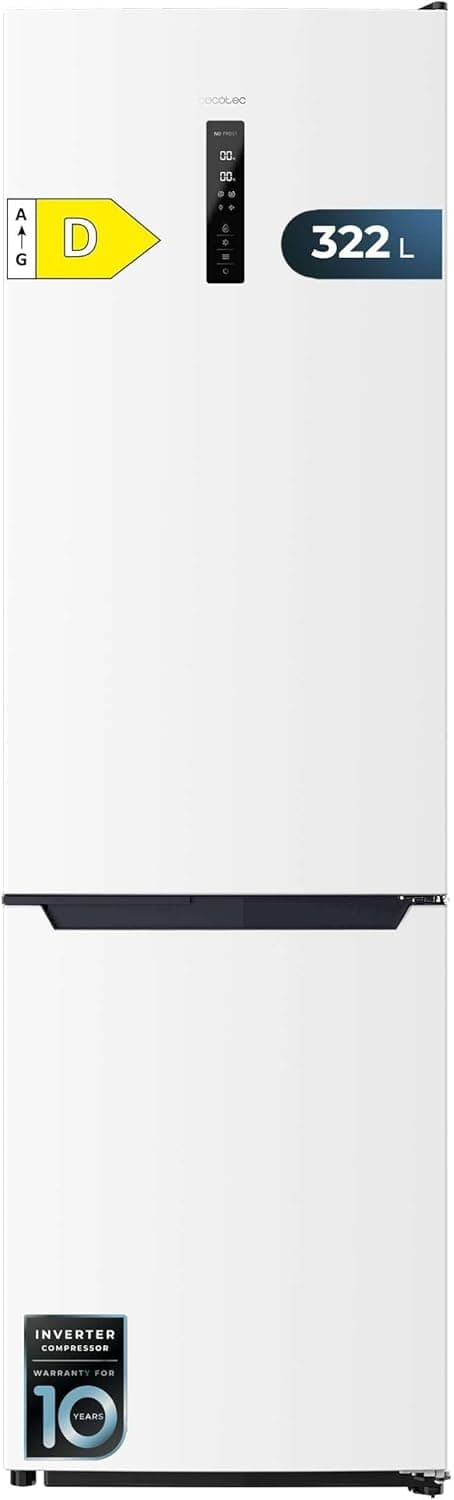 Cecotec Frigorífico Combi Bolero CoolMarket Combi 322T White D. Total sem rost, compressor Inverter Plus, frigorífico combinado branco, 185 x 60 cm, 322L, classe D, multi Air Flow, sistema Fast