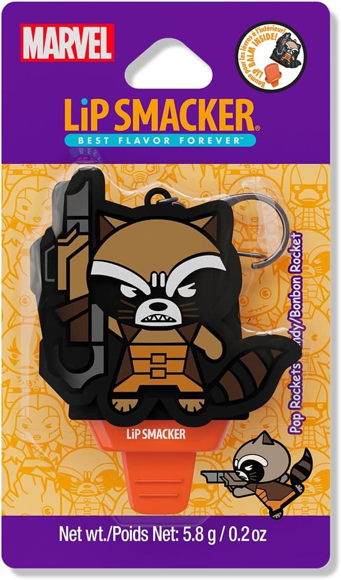Lip Smacker Marvel, Guardiões da galáxia, Bschleich Labial para crianças, com porta-chaves da Marvel, forma de pirulito fácil de aplicar, batom com óleo de rícino, Pop Rockets Candy