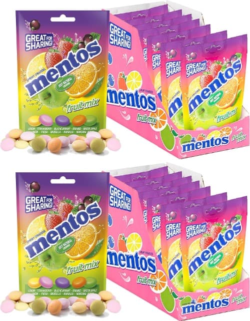 Mentos Mix Frutas 1120 g — Caramelos mastigáveis com sumo de frutas em 7 sacos de 160 g